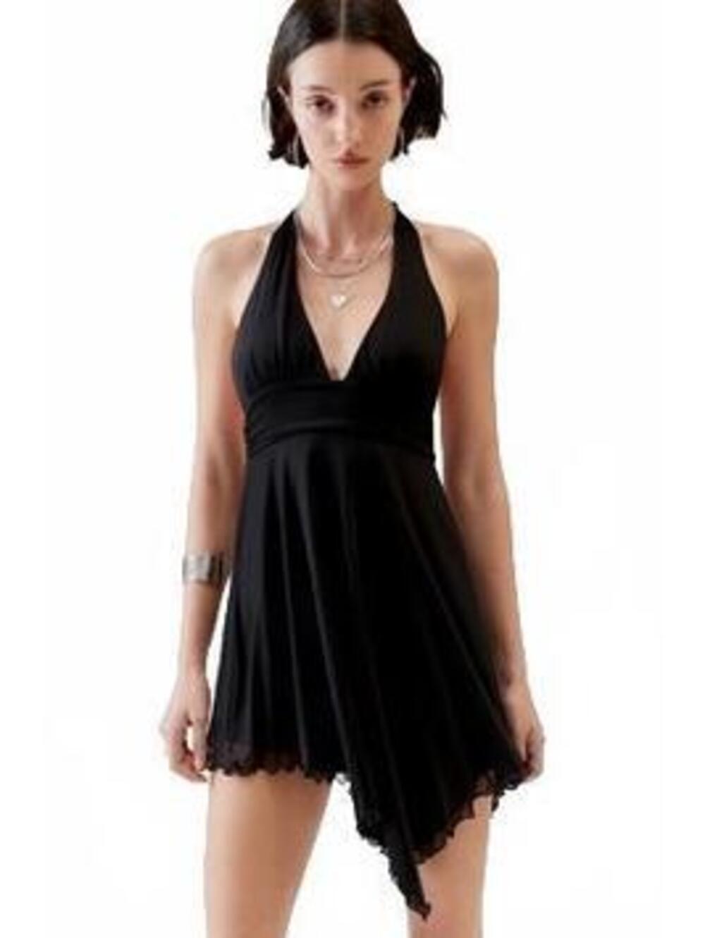 Urban Outfitters Black Mesh Asymmetrical Halter Cami Mini Dress Y2K Size M